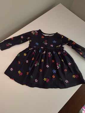 Hanna Andersson Navy Floral Button-Front Long-Sleeve Dress Girls SZ 2T